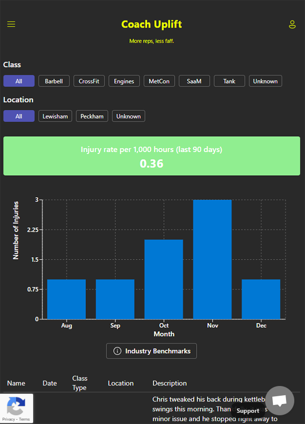 Safety analytics dashboard showing injury and risk patterns