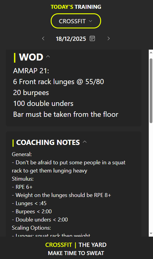 Mobile view with coach notes and workout details